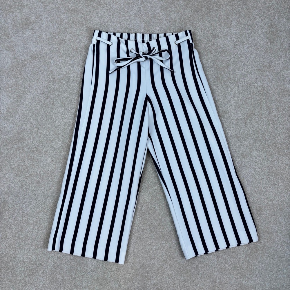 Attyre Petite Navy Blue White Striped Wide Leg Cropped Pants 2P Tie Waist